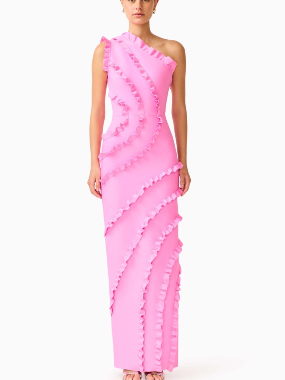 Elliatt Orelia Asymmetrical Ruffle Gown Candy Pink Knit One Shoulder SMALL